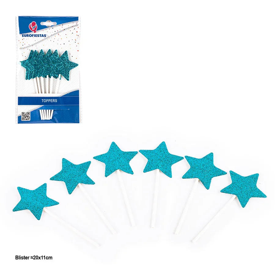 TOPPER ESTRELLAS PURPURINA AZULES 6PCS - yupiparty