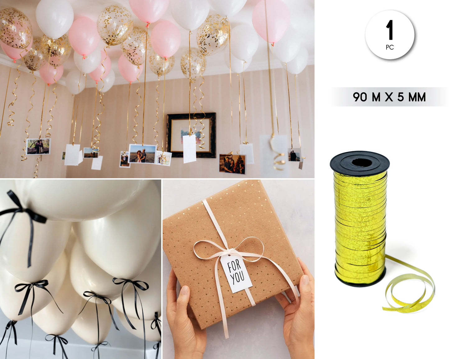 CINTA DECORATIVA GLOBOS 90M*5MM HOLO ORO - yupiparty