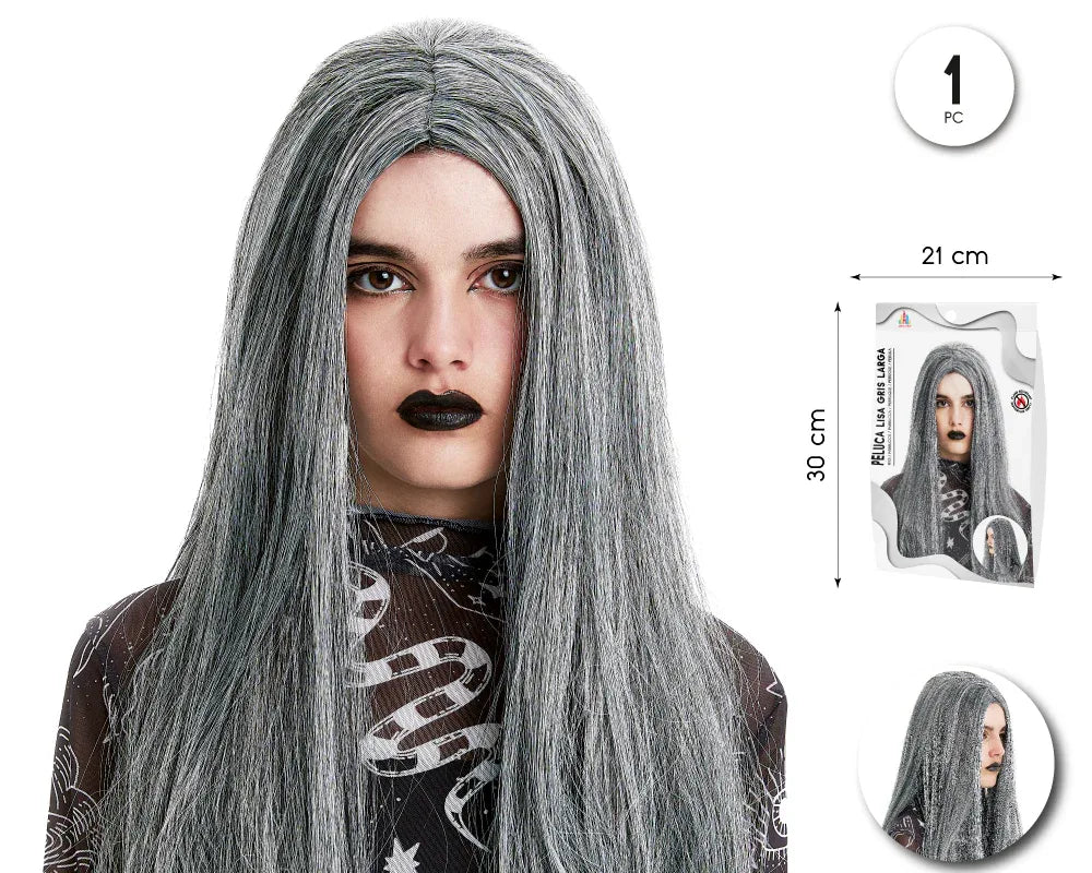PELUCA LISA GRIS LARGA - yupiparty