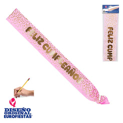 BANDA ROSA FELIZ CUMPLEAÑOS ROSA/ORO - yupiparty