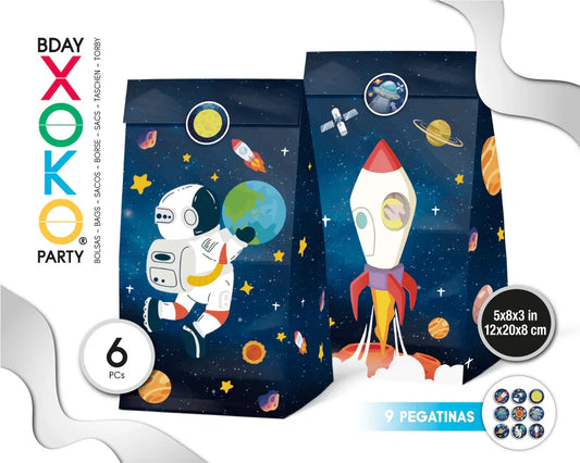 BOLSAS PAPEL CON PEGATINA 6PC ASTRONAUTA - yupiparty