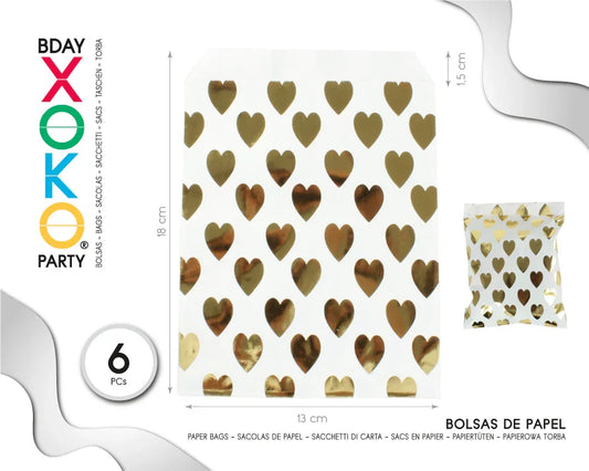 BOLSAS DE PAPEL KRAFT 6PC CORAZONES ORO - yupiparty