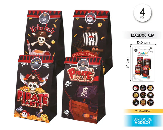BOLSAS PAPEL CON PEGATINA 4PC PIRATAS - yupiparty