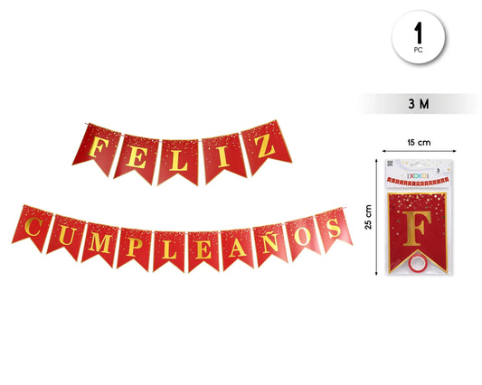 GUIRNALDA FELIZ CUMPLE ROJO DORADO 3M - yupiparty