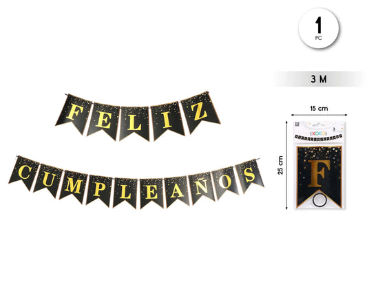 GUIRNALDA FELIZ CUMPLE NEGRO DORADO 3M - yupiparty