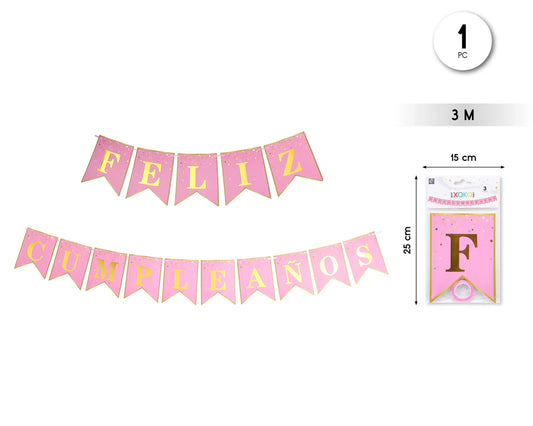 GUIRNALDA FELIZ CUMPLE ROSA DORADO 3M - yupiparty