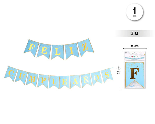 GUIRNALDA FELIZ CUMPLE AZUL DORADO 3M - yupiparty