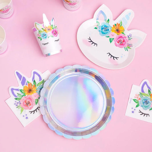 PLATO FORMA UNICORNIO IRID. 20X22CM 6U - yupiparty