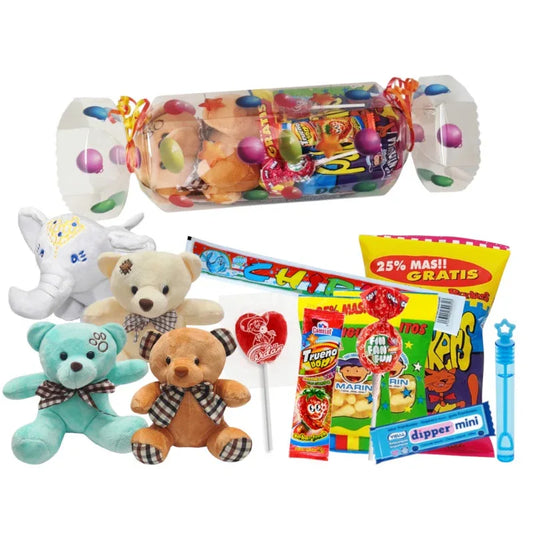 CAJA CARAMELO CON GOLOSINAS+PELUCHE (55x12Cm) - yupiparty